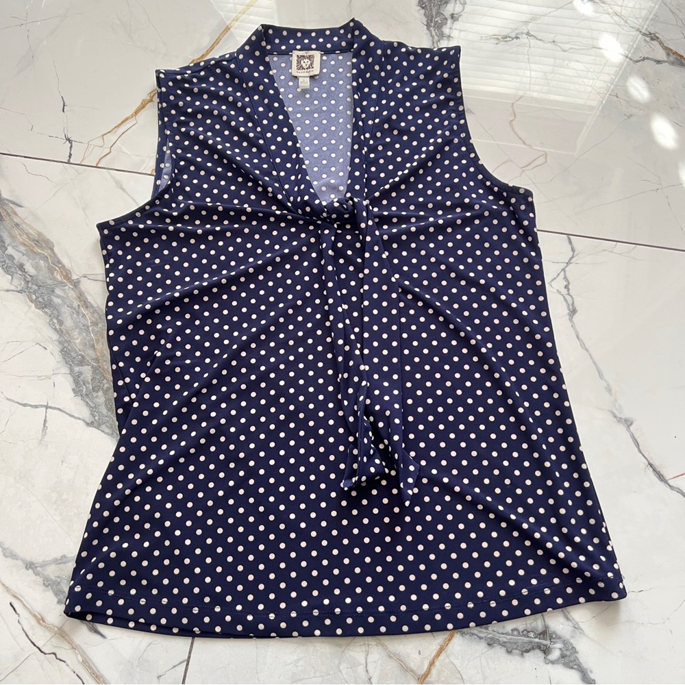 Anne Klein Navy and White Polka Dot Tie Neck Blouse Small
